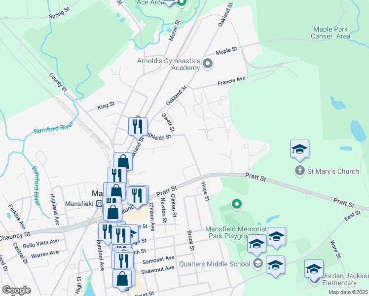 map of restaurants, bars, coffee shops, grocery stores, and more near 314 Hope Street in Mansfield