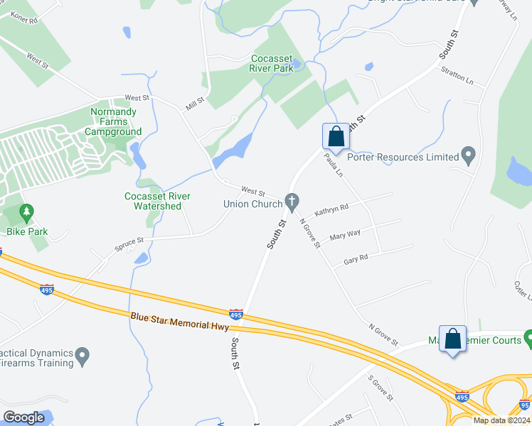 map of restaurants, bars, coffee shops, grocery stores, and more near 4 Spruce Street in Foxborough