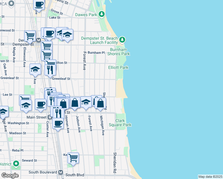 map of restaurants, bars, coffee shops, grocery stores, and more near 1111 Lake Shore Boulevard in Evanston