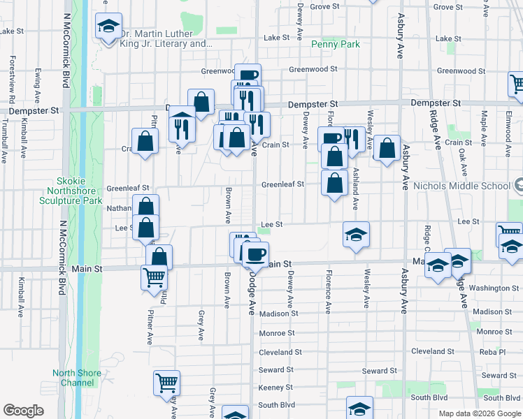 map of restaurants, bars, coffee shops, grocery stores, and more near 1007 Dodge Avenue in Evanston