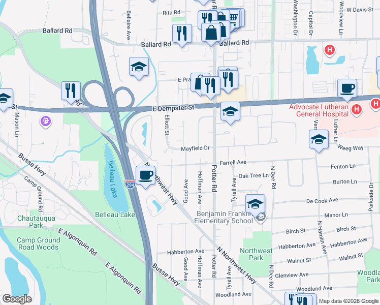 map of restaurants, bars, coffee shops, grocery stores, and more near 1606 Good Avenue in Park Ridge