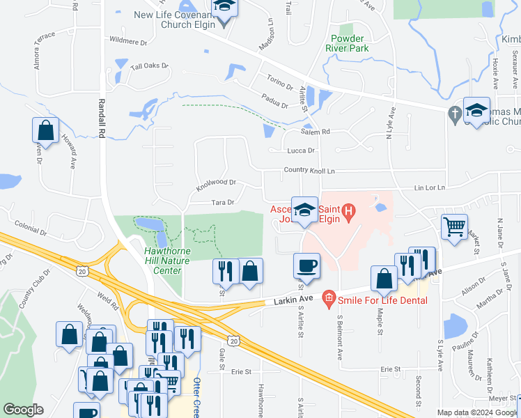 map of restaurants, bars, coffee shops, grocery stores, and more near 2183 Vernon Drive in Elgin