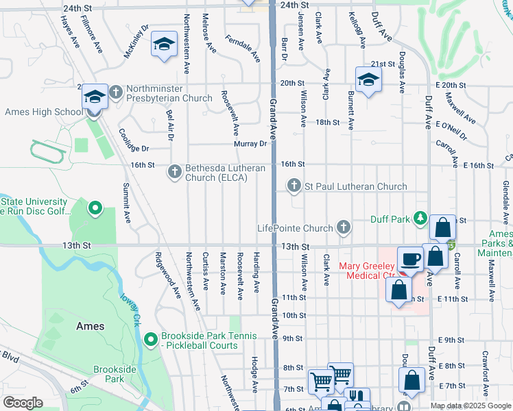 map of restaurants, bars, coffee shops, grocery stores, and more near 1412 Harding Avenue in Ames