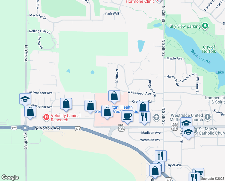 map of restaurants, bars, coffee shops, grocery stores, and more near Hospital Road in Norfolk