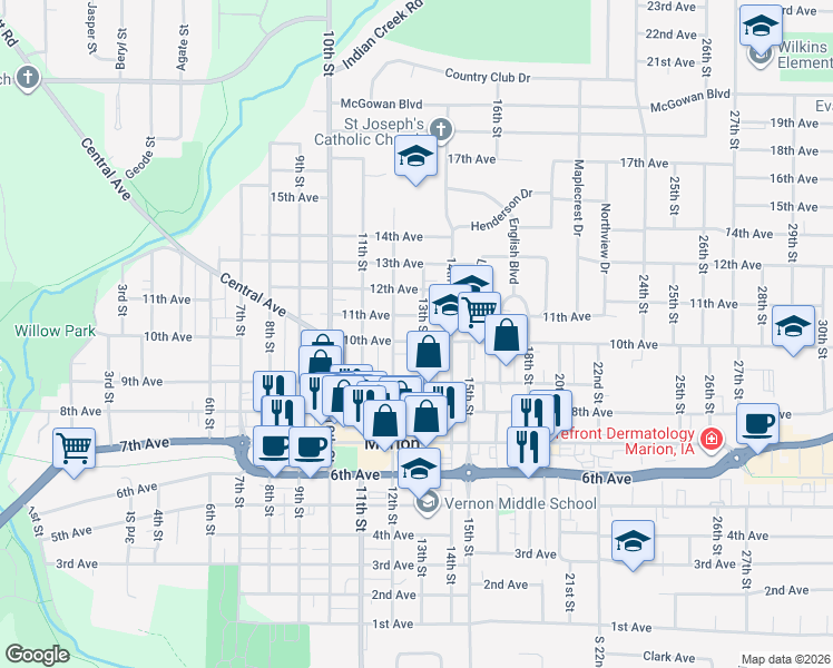 map of restaurants, bars, coffee shops, grocery stores, and more near 966 13th Street in Marion