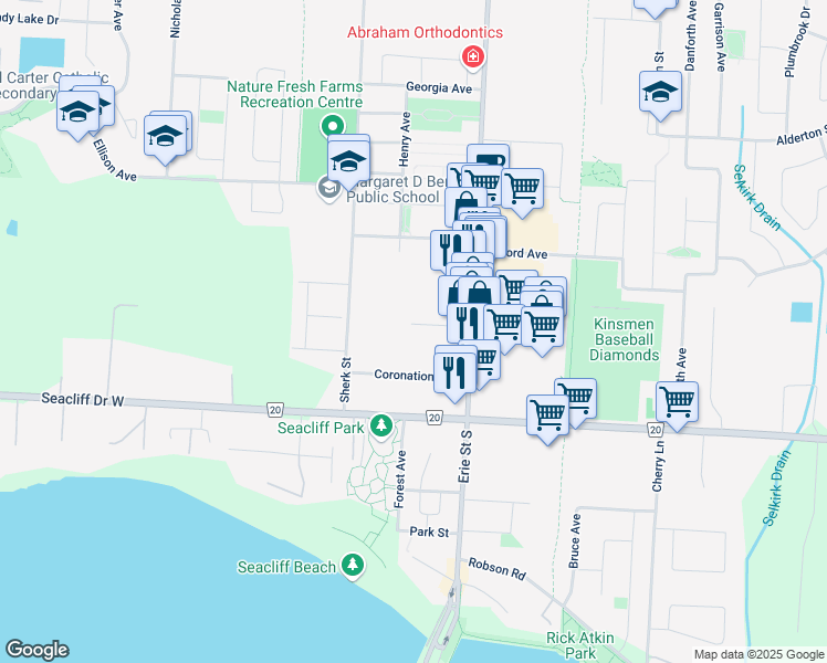 map of restaurants, bars, coffee shops, grocery stores, and more near 24 Parkdale Avenue in Leamington