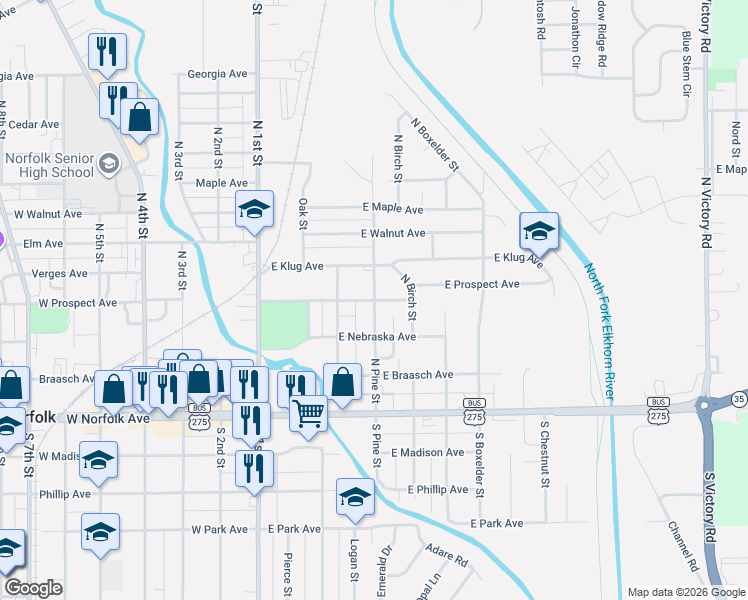 map of restaurants, bars, coffee shops, grocery stores, and more near 399 N Pine St in Norfolk