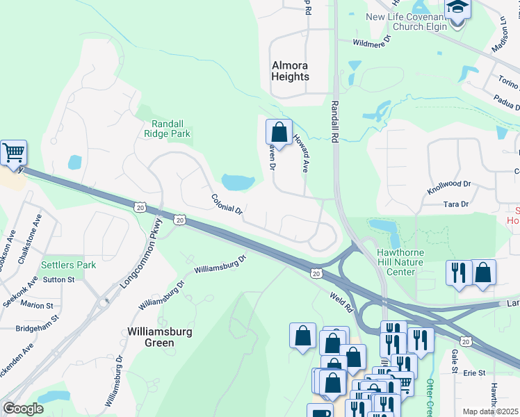 map of restaurants, bars, coffee shops, grocery stores, and more near 2714 Sterling Court in Elgin