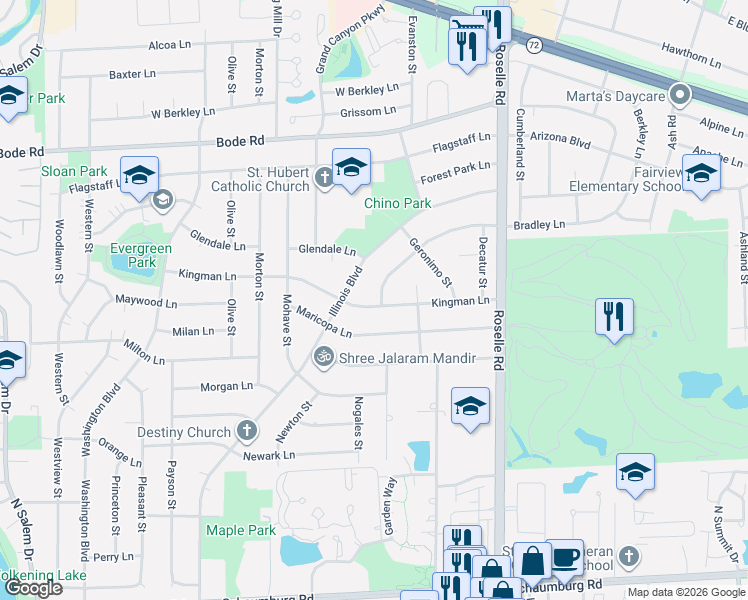 map of restaurants, bars, coffee shops, grocery stores, and more near 265 Kingman Lane in Hoffman Estates