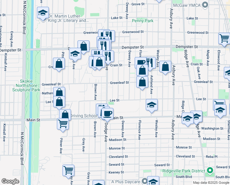 map of restaurants, bars, coffee shops, grocery stores, and more near 1727 Lee Street in Evanston