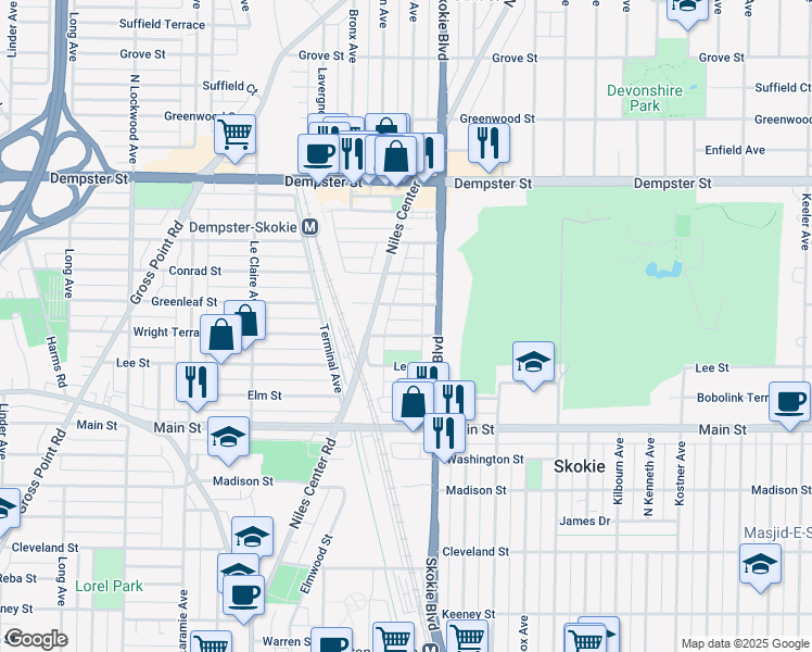 map of restaurants, bars, coffee shops, grocery stores, and more near 4831 Wright Terrace in Skokie