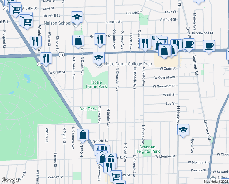 map of restaurants, bars, coffee shops, grocery stores, and more near 8527 North Oriole Avenue in Niles