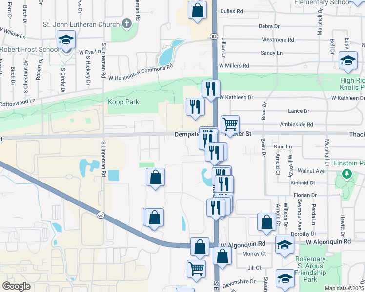 map of restaurants, bars, coffee shops, grocery stores, and more near 343 Hawthorne Circle in Mount Prospect