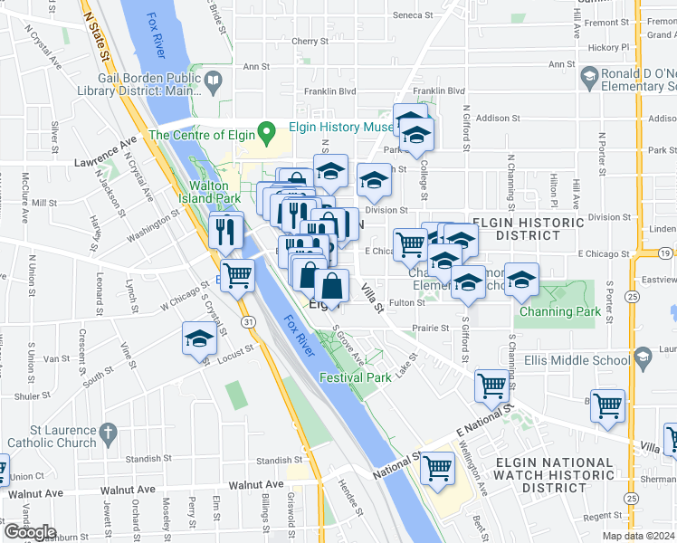 map of restaurants, bars, coffee shops, grocery stores, and more near in Elgin