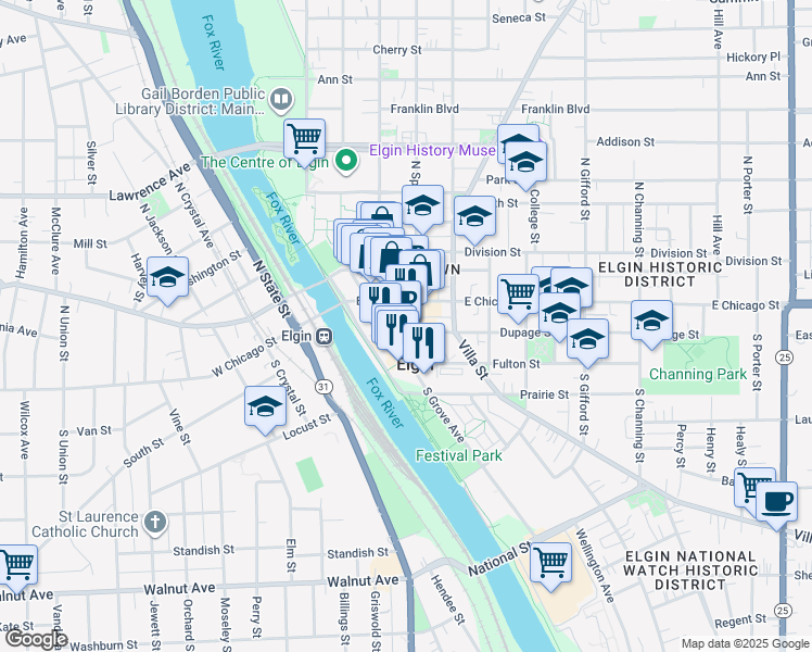 map of restaurants, bars, coffee shops, grocery stores, and more near in Elgin