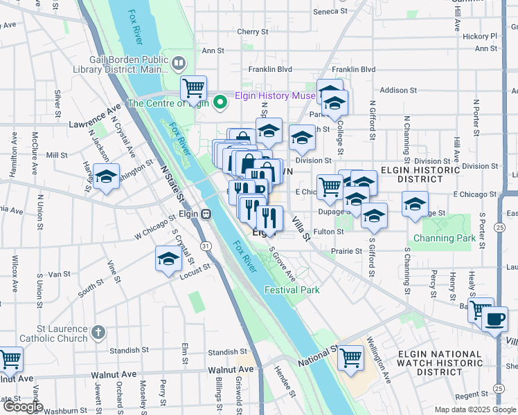 map of restaurants, bars, coffee shops, grocery stores, and more near in Elgin