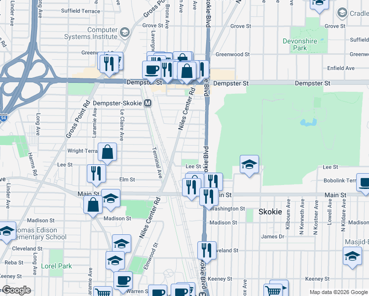 map of restaurants, bars, coffee shops, grocery stores, and more near 4831 Wright Terrace in Skokie