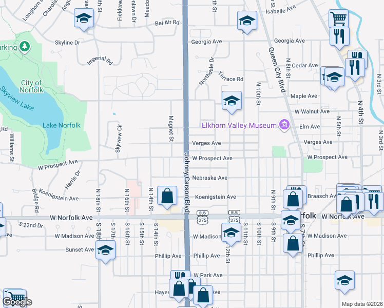 map of restaurants, bars, coffee shops, grocery stores, and more near 300-398 Johnny Carson Boulevard in Norfolk