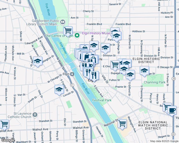 map of restaurants, bars, coffee shops, grocery stores, and more near in Elgin