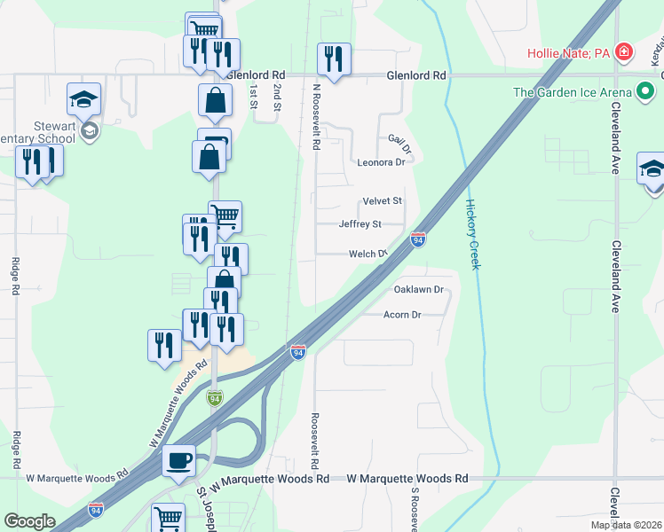 map of restaurants, bars, coffee shops, grocery stores, and more near 4521 North Roosevelt Road in Stevensville