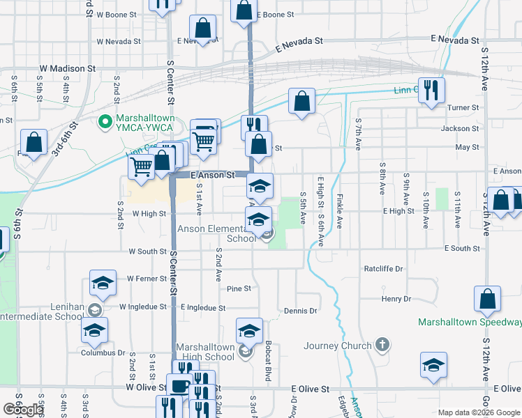map of restaurants, bars, coffee shops, grocery stores, and more near 1002 South 3rd Avenue in Marshalltown
