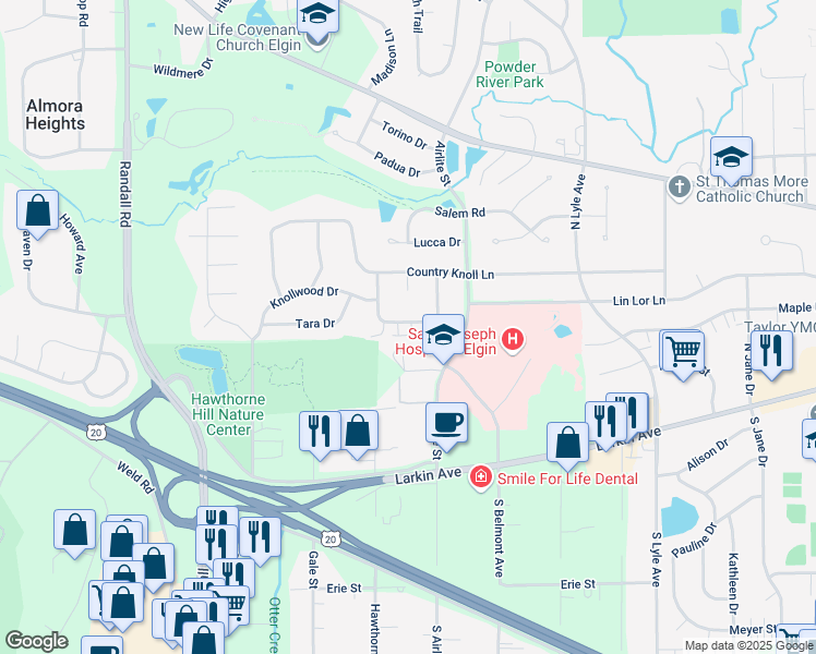 map of restaurants, bars, coffee shops, grocery stores, and more near 2175 Vernon Drive in Elgin