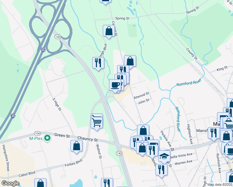 map of restaurants, bars, coffee shops, grocery stores, and more near 4 Foxborough Boulevard in Foxborough