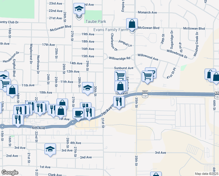 map of restaurants, bars, coffee shops, grocery stores, and more near 3100 10th Avenue in Marion