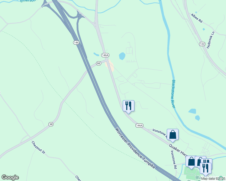 map of restaurants, bars, coffee shops, grocery stores, and more near 535 Quaker Highway in Uxbridge