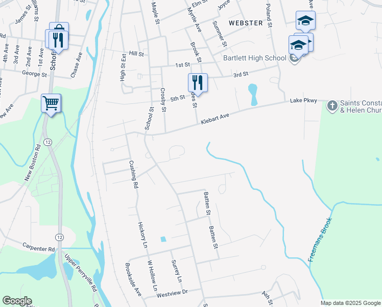 map of restaurants, bars, coffee shops, grocery stores, and more near 2 Overlook Avenue in Webster