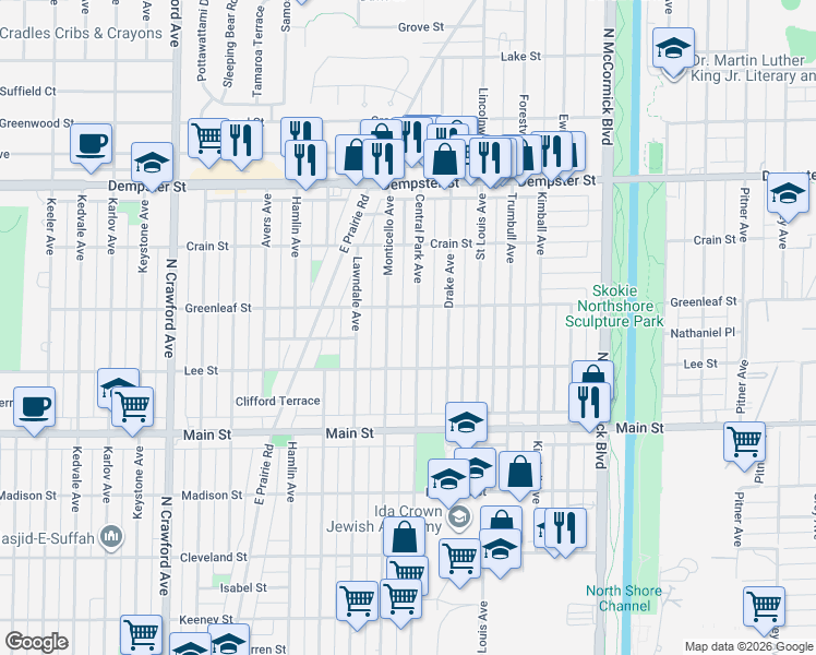 map of restaurants, bars, coffee shops, grocery stores, and more near 8516 Central Park Avenue in Skokie