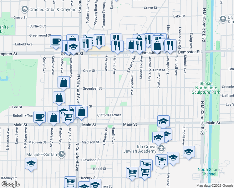 map of restaurants, bars, coffee shops, grocery stores, and more near 8518 East Prairie Road in Skokie