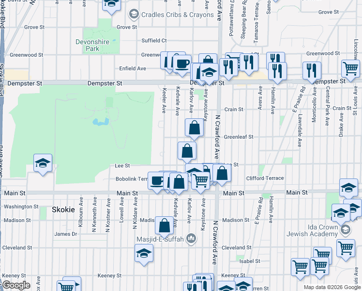 map of restaurants, bars, coffee shops, grocery stores, and more near 8522 Karlov Avenue in Skokie