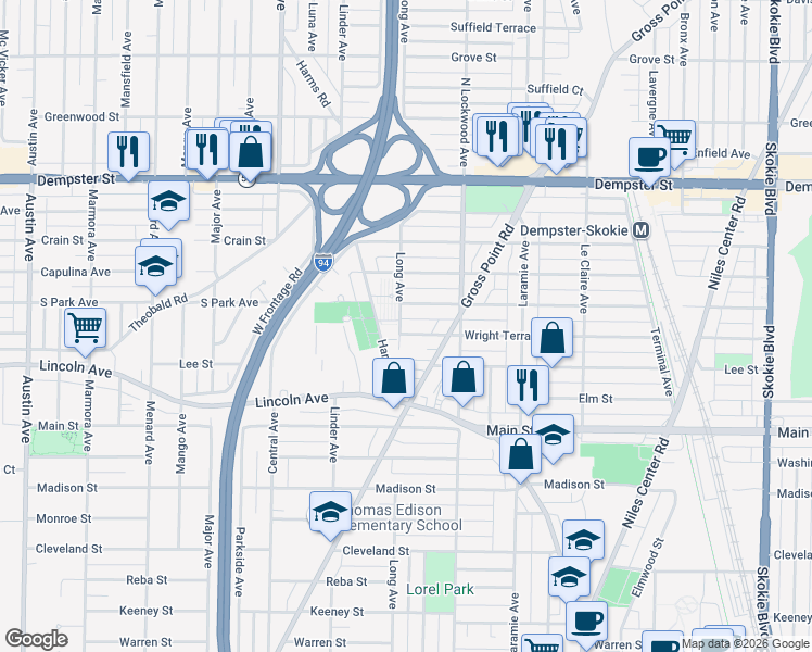 map of restaurants, bars, coffee shops, grocery stores, and more near 5357 Wright Terrace in Skokie
