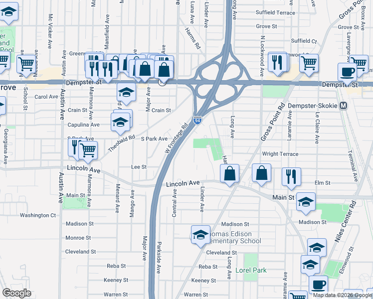 map of restaurants, bars, coffee shops, grocery stores, and more near 5 Frontage Road in Morton Grove