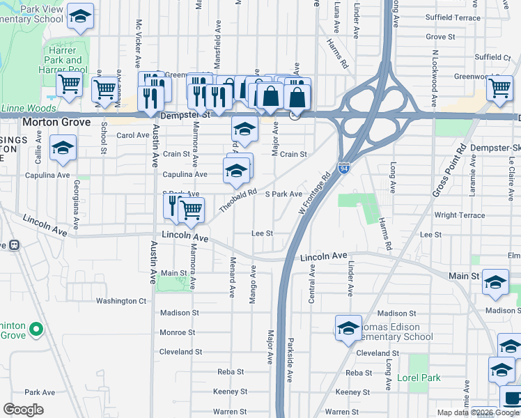 map of restaurants, bars, coffee shops, grocery stores, and more near 8514 Major Avenue in Morton Grove