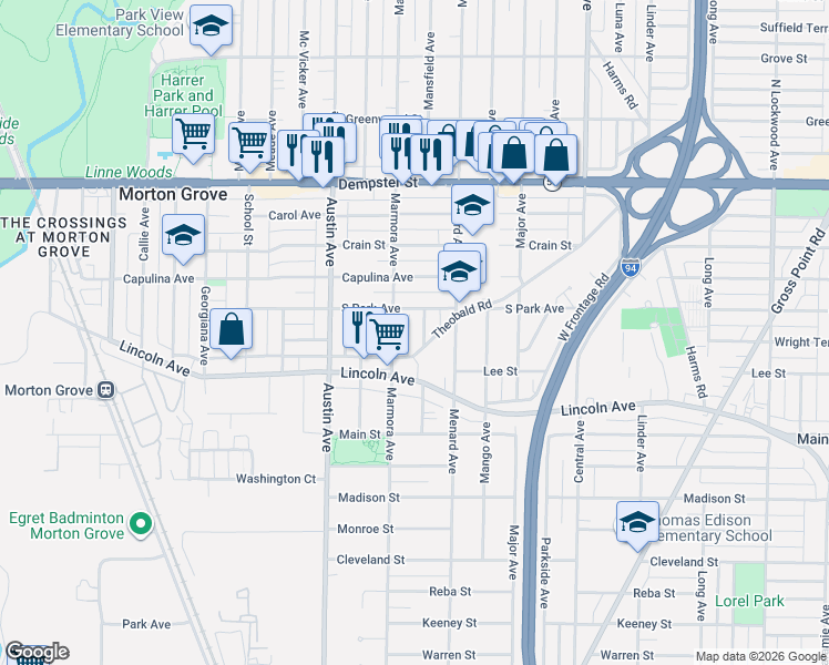 map of restaurants, bars, coffee shops, grocery stores, and more near 5825 Theobald Road in Morton Grove