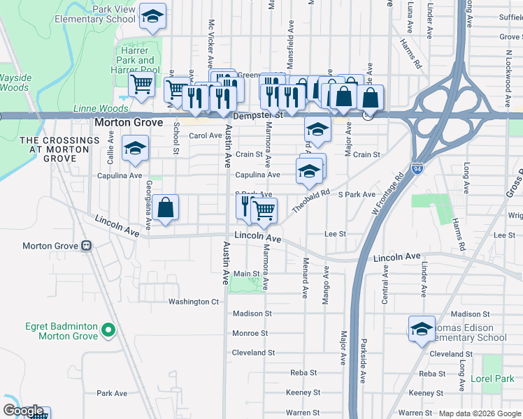 map of restaurants, bars, coffee shops, grocery stores, and more near 8507 Marmora Avenue in Morton Grove