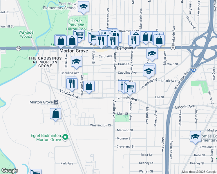 map of restaurants, bars, coffee shops, grocery stores, and more near 8510 Austin Avenue in Morton Grove