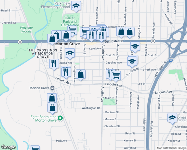 map of restaurants, bars, coffee shops, grocery stores, and more near 8504 Morton Avenue in Morton Grove