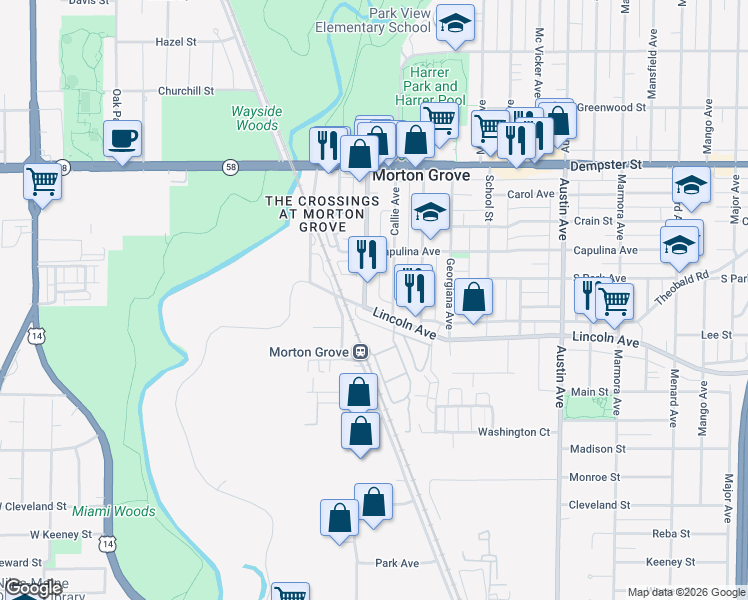 map of restaurants, bars, coffee shops, grocery stores, and more near 6315 Lincoln Avenue in Morton Grove