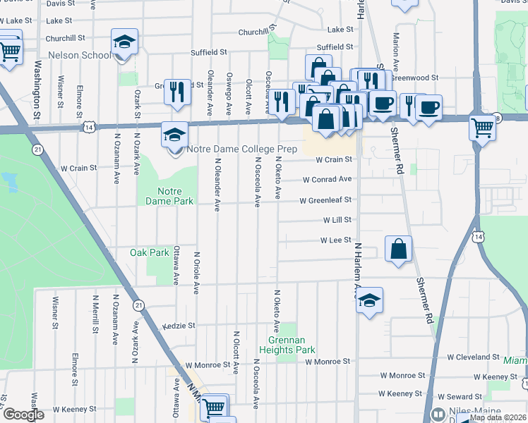 map of restaurants, bars, coffee shops, grocery stores, and more near 8526 North Oketo Avenue in Niles