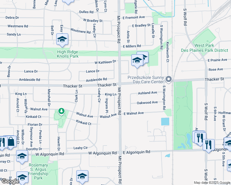 map of restaurants, bars, coffee shops, grocery stores, and more near 23 King Lane in Des Plaines