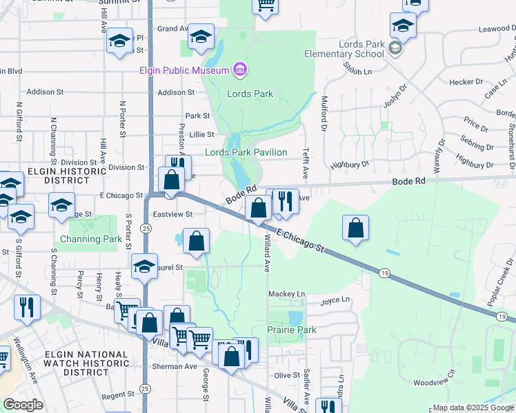 map of restaurants, bars, coffee shops, grocery stores, and more near 726 East Chicago Street in Elgin