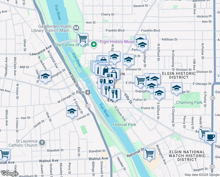 map of restaurants, bars, coffee shops, grocery stores, and more near in Elgin