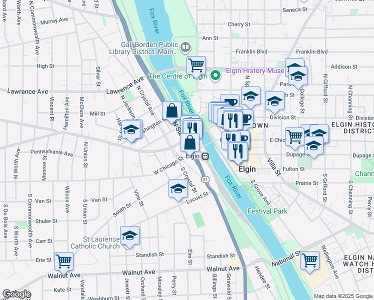 map of restaurants, bars, coffee shops, grocery stores, and more near in Elgin