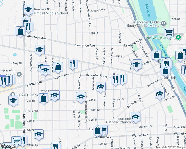 map of restaurants, bars, coffee shops, grocery stores, and more near 44 Monroe Street in Elgin