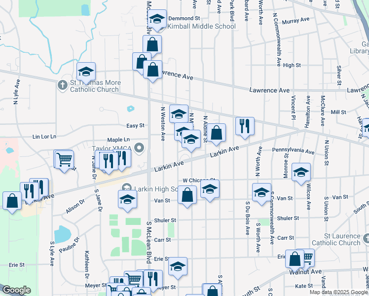 map of restaurants, bars, coffee shops, grocery stores, and more near 1230 Larkin Avenue in Elgin