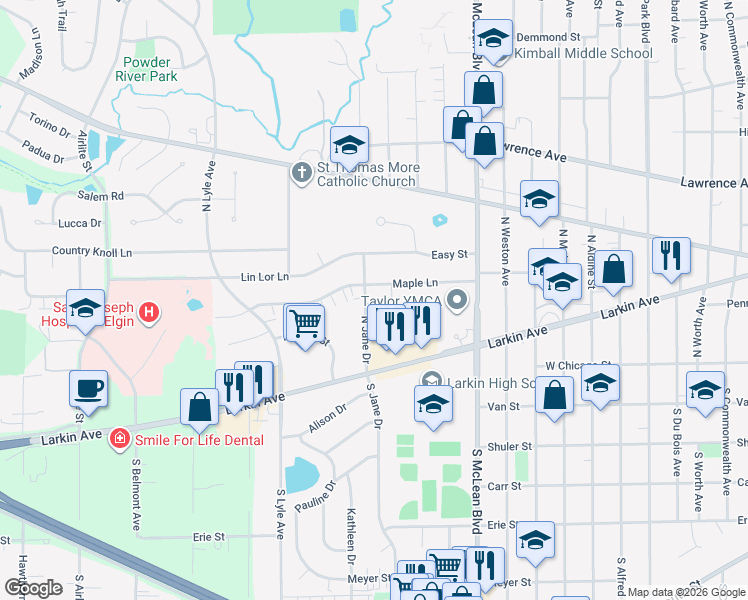 map of restaurants, bars, coffee shops, grocery stores, and more near 50 North Jane Drive in Elgin