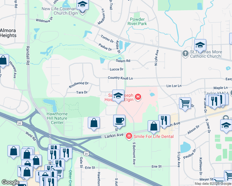 map of restaurants, bars, coffee shops, grocery stores, and more near 88 North Airlite Street in Elgin